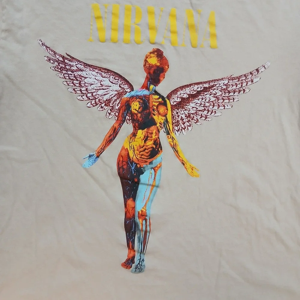 Nirvana In Utero Shirt Mens Large Tan Angel Graphic Rock Band Tee Short Sleeve